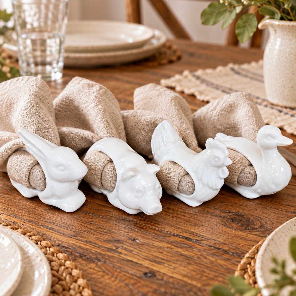 Vintage White Porcelain Napkin Rings Farm Animals Rabbit Pig Rooster Duck Japan